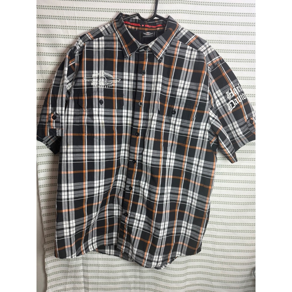 Harley Davidson 2000s Mens Short Sleeve Button Up Plaid Willie G Skull Shirt L